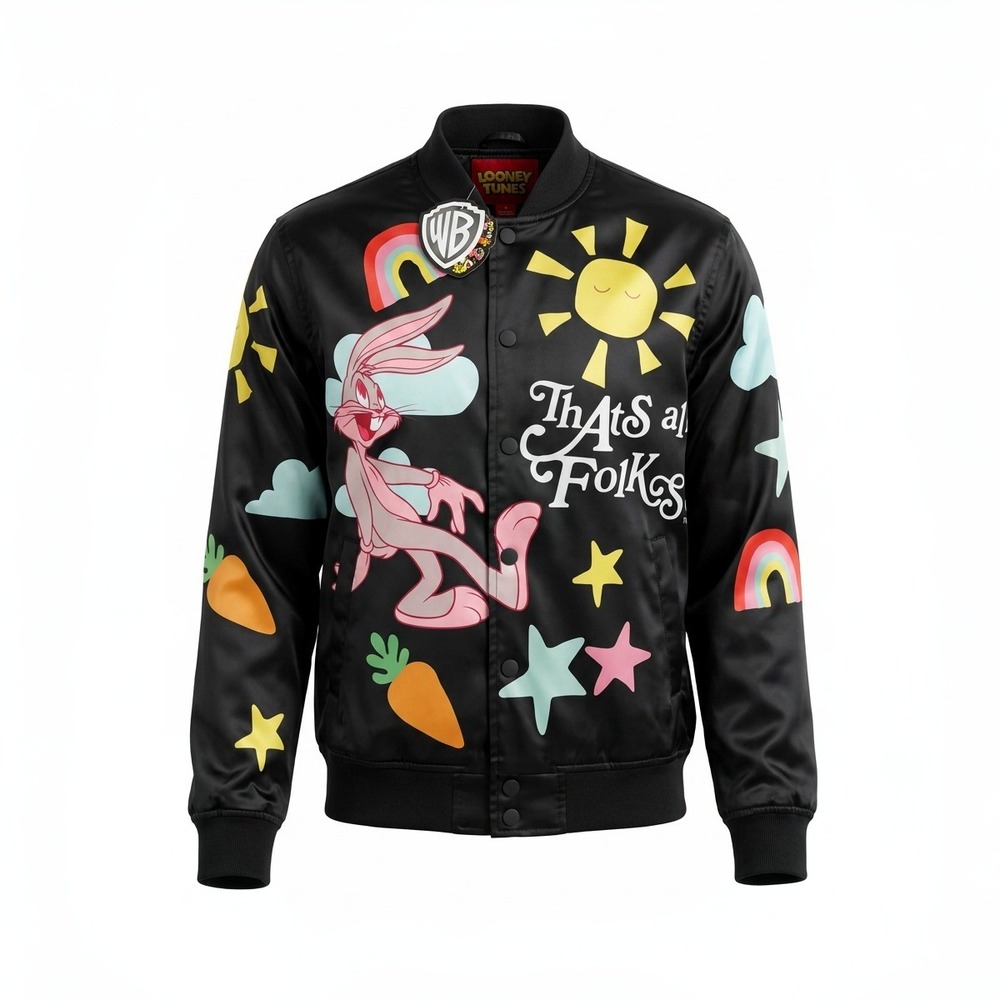 Freeze Max x Looney Tunes Bugs Bunny Satin Bomber Jacket Black Mens Medium NWT